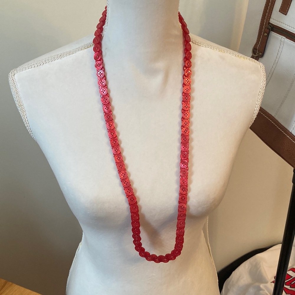 Homemade Overlapping Red Buttons 36” Necklace - image 1